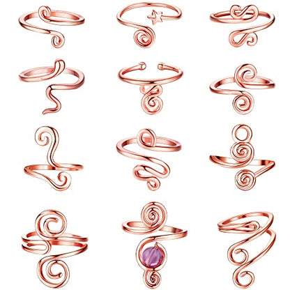 12PCS Adjustable Toe Rings for Women 14K Gold Plated | Open African Toe Rings, Summer Beach Foot Jewelry Set - color: Rose Gold