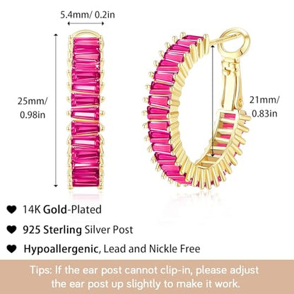 Trendy 14K Gold Plated Hoop Earrings for Women, Chunky Gold/Silver Earrings for Women Cubic Zirconia Baguette Hoop Earrings Heart Hoops Lightweight Hypoallergenic Jewelry,25mm/35mm/40mm/50mm - color: 00 Gold Hot Pink Hoops 25mm