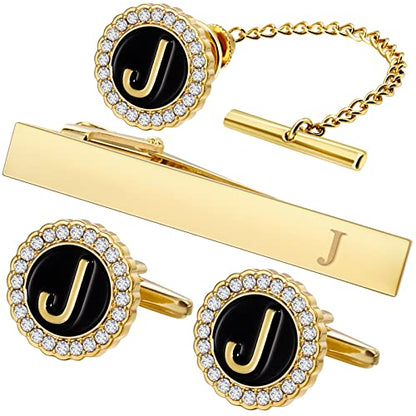 HAWSON Tie Clips, Cufflinks, Tie Tack & Lapel Pins for Men - Suitable for Neckties and French Cuff or Dress Shirt Suits - Jewelry Box Packed, Initials Designed - style: J-4pcs Sets