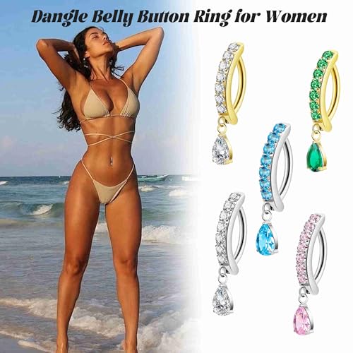 14G G23 Titanium Clicker Belly Button Ring for Women - Teardrop CZ Dangle Curved Reverse Barbell Navel Piercing - Hypoallergenic Jewelry - color: Blue