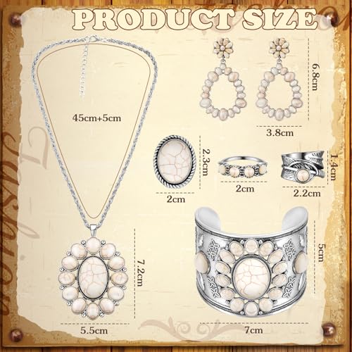 Ecally Bohemian Western Jewelry Turquoise Set Women Country Pendant Long Choker Layered Bracelets Earrings Ring for Women - color: White, style: Lovely