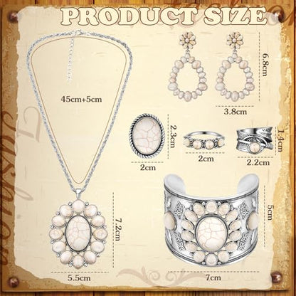 Ecally Bohemian Western Jewelry Turquoise Set Women Country Pendant Long Choker Layered Bracelets Earrings Ring for Women - color: White, style: Lovely