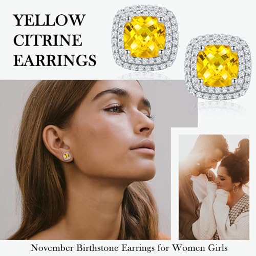 Dainty Birthstone Earrings for Women Sterling Silver Small Stud Earrings with Halo Cushion/Round Created Gemstone Earrings Birthstone Jewelry - style: A 11. Nov./created citrine-cushion cut