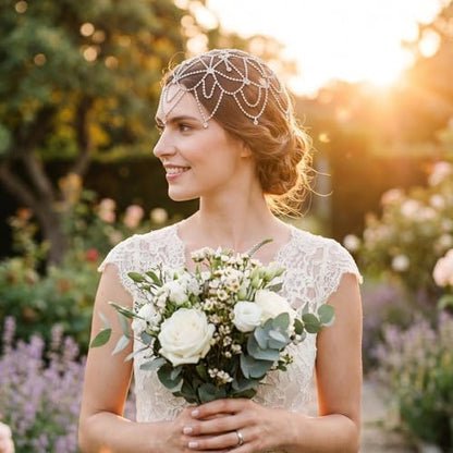 1920s Crystal Cap Headpiece Vintage Silver Rhinestone Flower Head Chain Roaring 20s Great Gatsby Hair Accessories for Bridal Wedding Halloween Cosplay Party