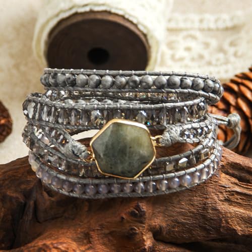 Handmade Boho Wrap Bracelets Natural Turquoise Crystal Stone Variety Beaded Strand Bracelet - color: Labradorite #2