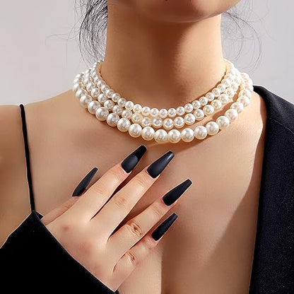 3 Strand Pearl Necklaces for Women Faux Pearl Choker Necklace for Women White Three Strand Pearls Necklace for Wife Layered Pearl Necklace for Mother Pearl Gifts