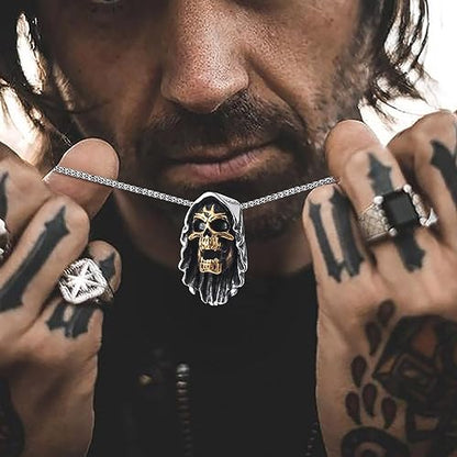 Skull Necklace for Men Stainless Steel Gothic Punk Emo Biker Necklace Jewelry for Men 60cm - style: Two-tone Death Skull