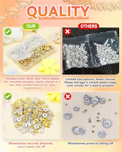 FIVEIZERO 300PCS Gold Silver Rhinestone Spacer Beads, 6/8/10mm | 1.5/2/2.5mm Holes, Secure Inlay, Organized Box, For Beaded Pens, Bracelets, Necklaces, Earrings, DIY Crafts - color: Silver/Gold,6mm/8mm/10mm