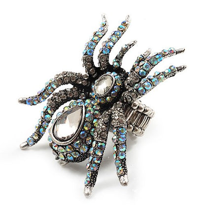 Avalaya Oversized Clear Crystal Spider Stretch Cocktail Ring (Silver Tone)