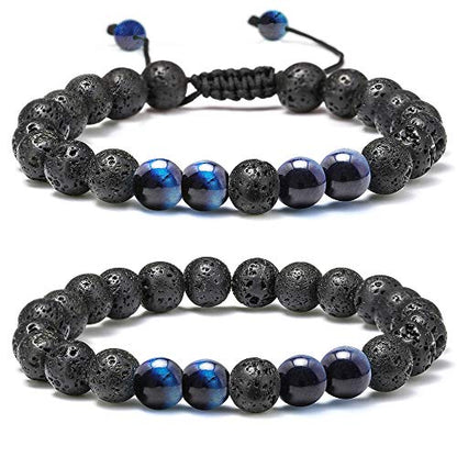 M MOOHAM Mens Bracelet - Beaded Natural Stone 8mm Tiger Eye Matte Agate Lava Rock Bracelets for Men Teen Boys Grandpa Dad Birthday Gifts Jewelry - style: Lava Rock Blue Tiger Eye Bracelets