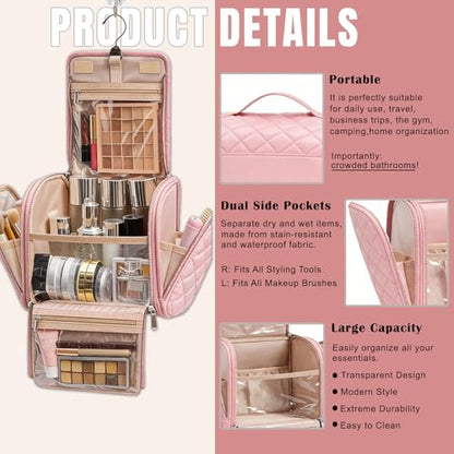banapoy Hanging Toiletry Bag for Women, Roll up Cosmetics Makeup Bag, Travel Makeup Cosmetic Organizer with Hanging Hook, for Jewelry Toiletries, 10.63x9.45x6.30in (Pink) - color: Pink