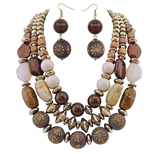 Bocar 3 Layer Chunky Statement Beaded Necklace and Earrings Set, Fashion Multi Layer Women Collar Necklace Jewelry Set - color: Brown