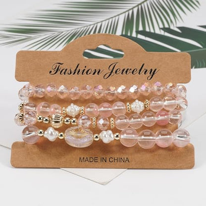 Boho Beaded Bracelet Set for Women - 4 Pcs Multilayer Stackable Crystal Glass Bead Bracelets with Faux Pearl Elastic Stretch Fashion Jewelry for Daily Wear, Beach, Party & Gifts - color: Pink