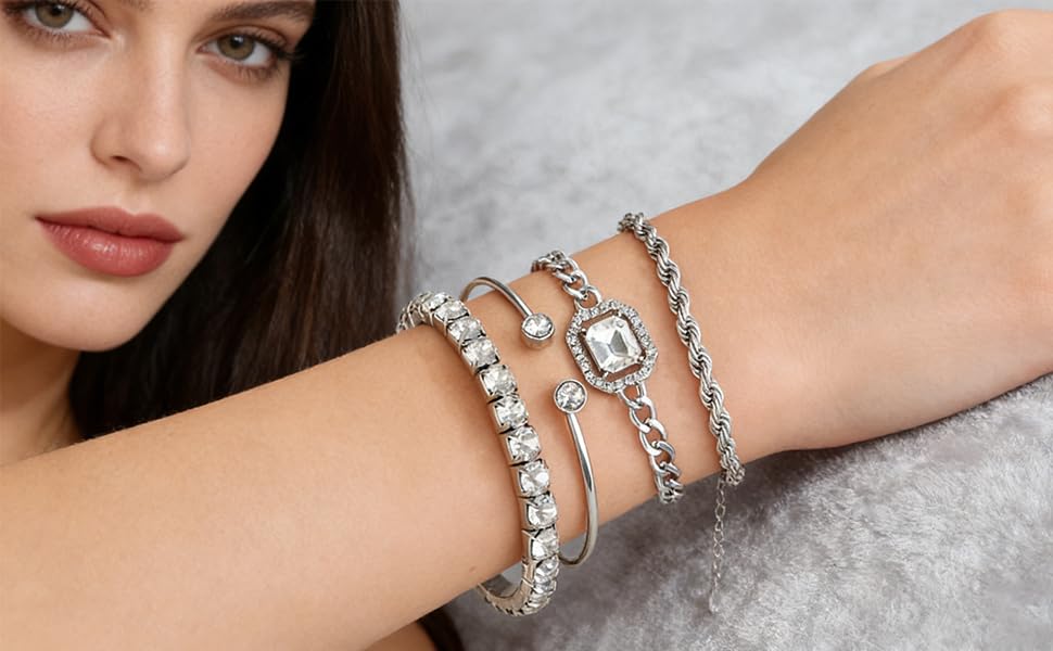 Alegend 14K Gold Plated Stackable Multilayer Bracelets + Titanium Steel(Not Rust, Resist Corruption, Easily Clean) 18K Gold Plated Single Bracelets - color: 14K Silver + 4PCS A