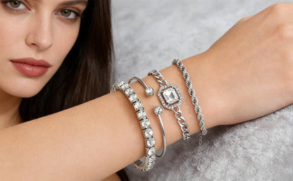 Alegend 14K Gold Plated Stackable Multilayer Bracelets + Titanium Steel(Not Rust, Resist Corruption, Easily Clean) 18K Gold Plated Single Bracelets - color: 14K Silver + 4PCS A