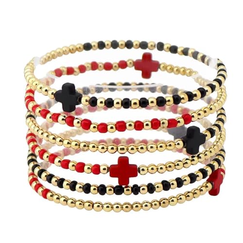 Gold Beaded Bracelets for Women Stackable Boho Gold Plated Colorful Seed Beads Ball Cross Bracelets Stack Elastic Stretch Trendy Jewelry Accessories Non Tarnish Friendship Christian Gift - color: Red Black