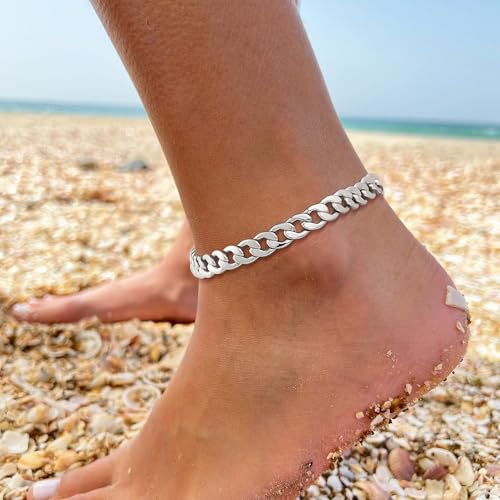 Ankle Bracelets for Women Waterproof 14K Gold/Silver Plated Chain Anklets | Trendy Gold Anklets,Layered 14K Gold Plated Stackable Chunky Cuban Link Chain Anklet Bracelet Set,Summer Beach Jewelry Gift - color: 1 cuban-sl
