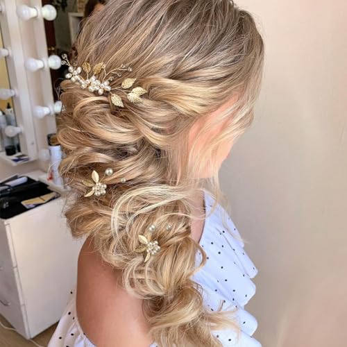 7 Pcs Gold Leaf Bridal Hair Pin Clip Crystal and Pearl Vintage Headpieces Wedding Hair Jewelry for Brides Bridesmaids and Flower Girls(Gold Leaf)