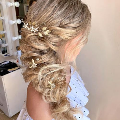 7 Pcs Gold Leaf Bridal Hair Pin Clip Crystal and Pearl Vintage Headpieces Wedding Hair Jewelry for Brides Bridesmaids and Flower Girls(Gold Leaf)