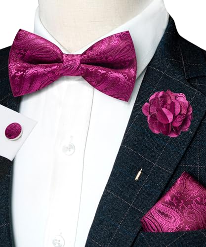 JEMYGINS Mens Paisley Bow Tie and Lapel Pin Necktie Pocket Square and Tie Clip with Sets for Business Casual 4PCS - color: Hot Pink