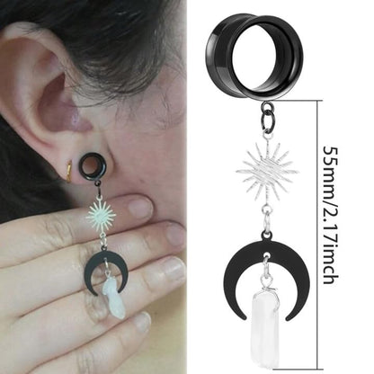 2PCS Moon-Pendant Natural Stone Stainless Steel Dangle Ear Plugs Tunnels Stretcher Piercing Body Jewelry - size: 19mm(3/4")