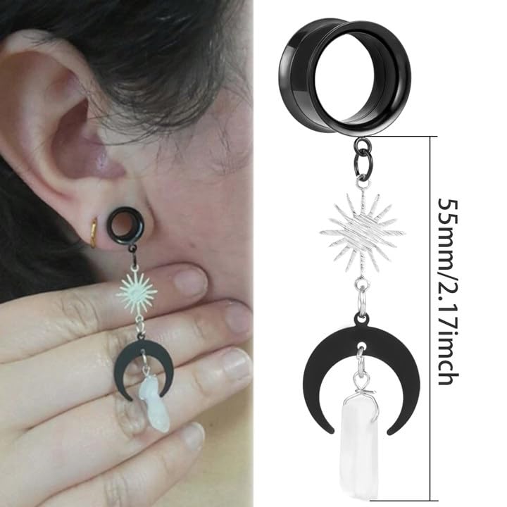 2PCS Moon-Pendant Natural Stone Stainless Steel Dangle Ear Plugs Tunnels Stretcher Piercing Body Jewelry - size: 16mm(5/8")