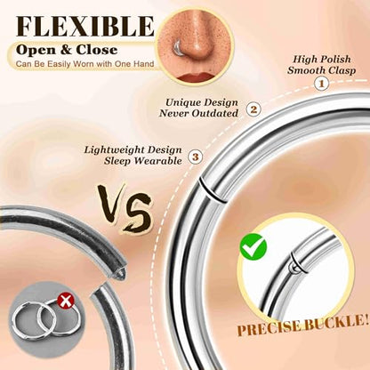 4PCS 18G 20G Surgical Steel Nose Ring Hoop for Women Men Hinged Double Nose Hoop CZ Opal Clicker Septum Nose Hoops Cartilage Conch Tragus Rook Ring Lip Daith Piercing Jewelry Gold Silver 7-9MM - color: Silver, size: 20G-8mm (Top Pick)