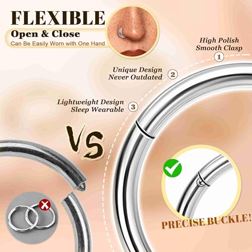 4PCS 18G 20G Surgical Steel Nose Ring Hoop for Women Men Hinged Double Nose Hoop CZ Opal Clicker Septum Nose Hoops Cartilage Conch Tragus Rook Ring Lip Daith Piercing Jewelry Gold Silver 7-9MM - color: Silver, size: 20G-9mm (Relatively Big)
