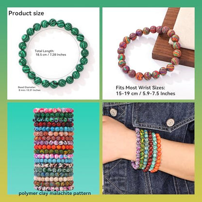 18Pcs Malachite Pattern Beaded Bracelets Set for Women Men, 8mm Round Beads Stretch Bracelets, 7.28 Inch Elastic Stackable Bracelets, Colorful Handmade Wristbands for Party Favors, Gifts, Daily Wear
