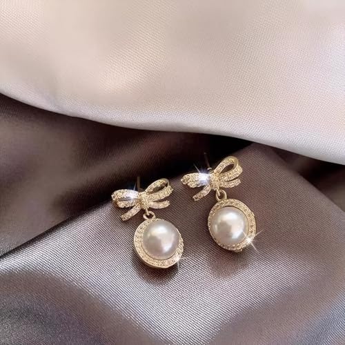 Gold Bow Earrings for Women, Long Tassel Chain Drop Earrings, Trendy Small Bow Earrings, Ribbon Waterfall Dangling Earrings, Pearl Bow Earrings, Sparkly Elegant Bowknot Preppy Jewelry Gifts for Women - color: Gold Bow-E