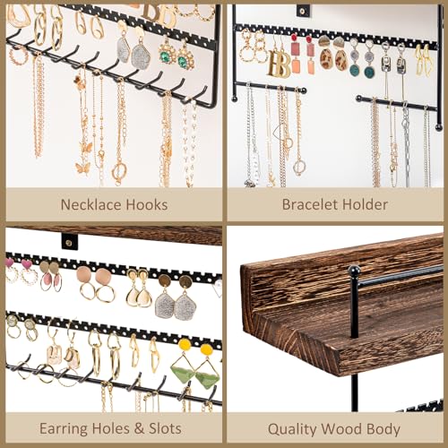 Lolalet Wall Mount Hanging Jewelry Organizer -Set of 2, Brown | Versatile Hanging Holder with Hooks for Earrings, Bracelets and Necklaces, Easy to Install on Bathroom Wall - color: Brown