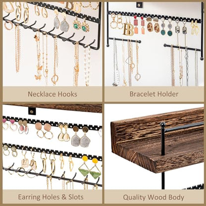 Lolalet Wall Mount Hanging Jewelry Organizer -Set of 2, Brown | Versatile Hanging Holder with Hooks for Earrings, Bracelets and Necklaces, Easy to Install on Bathroom Wall - color: Brown