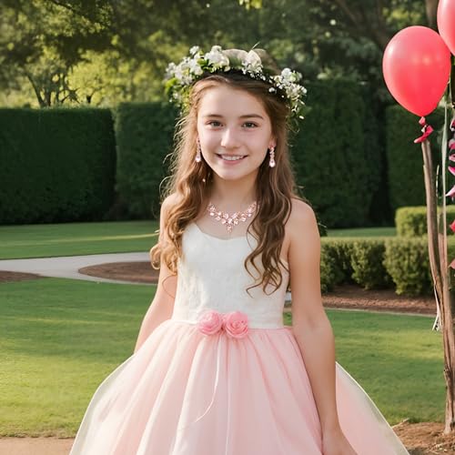 Wedding Statement Necklace Clip-on Earrings Jewelry Set | Sparkling Austrian Crystal Teardrop Cluster for Party Prom Accessories - color: 11-Pink Gold-Tone