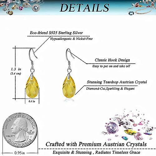 Austrian Crystal Teardrop Drop Earrings for Women, French Hook | 925 Sterling Silver Hook, Crystal Dangle Earrings, Sparkly Teardrop Stone, Lightweight Feel, Day-To-Evening Wear - color: Yellow