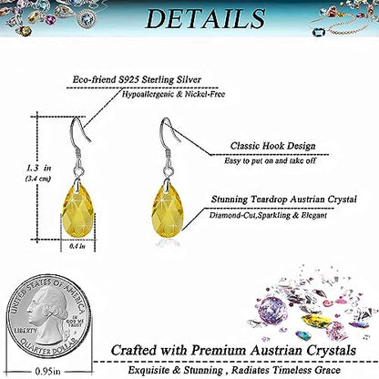 Austrian Crystal Teardrop Drop Earrings for Women, French Hook | 925 Sterling Silver Hook, Crystal Dangle Earrings, Sparkly Teardrop Stone, Lightweight Feel, Day-To-Evening Wear - color: Yellow