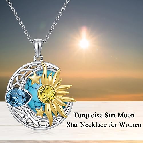 AOBOCO 925 Sterling Silver Moon Sun Star Necklace Celtic Jewelry for Women Girls - color: Silver&Gold&Turquoise