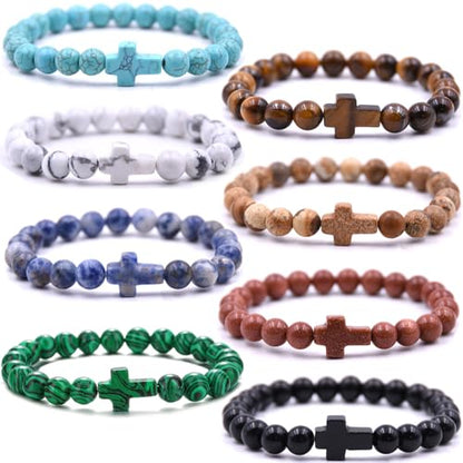 Beaded Bracelets Cross Bracelet for Women Men Lava Rock Turquoise Tiger Eye Natural Bracelet Anxiety Healing - color: 8Pcs-coloured cross