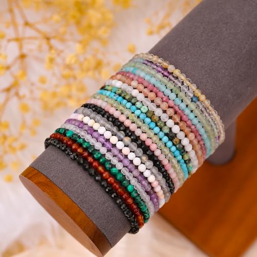 BONNY BOXX Natural Genuine Gemstone Faceted Round Beads Bracelets, 3mm Adjustable Stretchy Tiny Faceted Black Tourmaline Bracelet, Healing Crystal Reiki Chakra Dainty Jewelry Fashion Gifts - color: Amazonite