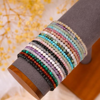 BONNY BOXX Natural Genuine Gemstone Faceted Round Beads Bracelets, 3mm Adjustable Stretchy Tiny Faceted Black Tourmaline Bracelet, Healing Crystal Reiki Chakra Dainty Jewelry Fashion Gifts - color: Green Aventurine