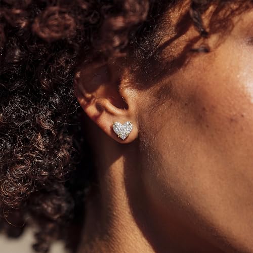 MEVECCO Pave Cubic Zirconia Stud Earrings for Women, 18K Gold Plated Brass | Pave CZ Fronts, Curved Gold Plated Edge Accents, Soft Motifs and Clean Geometric Styles - style: heart
