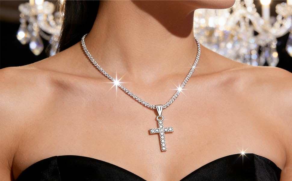 Alegend Charm Sparkling Necklace Cross 14K Silver Plated Fully Studded with Diamonds Luxurious Exquisite Style Silver Jewelry Lobster Clasp Adjustable Extender - style: 14K Silver Diamonds Cross