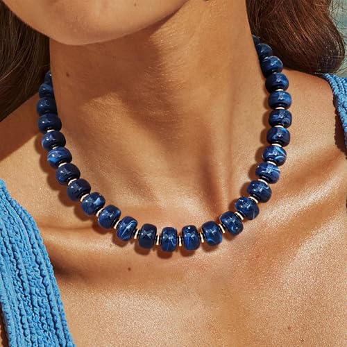 Beaded necklace for Women Boho Bead Gemstone Chunky Necklace Big Bead Necklace Fashion Trendy Summer Necklaces Jewelry Gifts - color: Blue Beaded