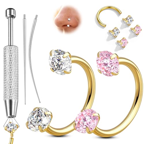 ORAZIO 18G Horseshoe Nose Rings for Women Men Double Gem Horse Shoe Nose Ring Hoops Surgical Steel Silver Gold Cartilage Helix Tragus Daith Earrings Labret Lip Piercing Jewelry Cute Small Septum Rings - color: Gold-Pink CZ