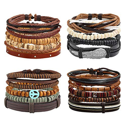6-12PCS Braided Faux Leather Bracelet Punk Cuff Wrap Bracelets for Men Women Adjustable - color: H:18pcs