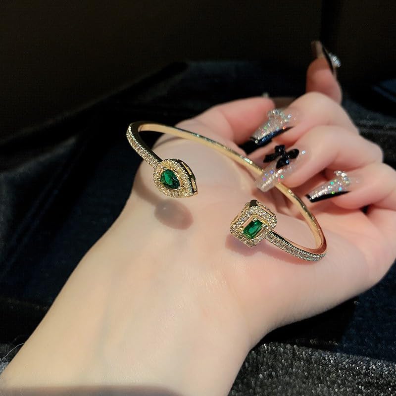 Elegant Versatile Youthful Bracelet, Delicate Water Drop & Square Stone Cuff Bangle for Women - color: Gold-Green, size: One Size
