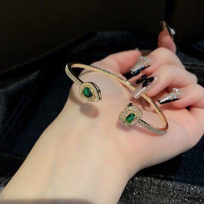 Elegant Versatile Youthful Bracelet, Delicate Water Drop & Square Stone Cuff Bangle for Women - color: Gold-Green, size: One Size