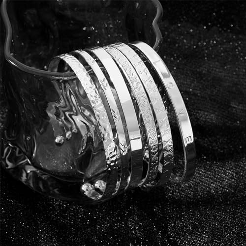 IFKM Gold Bangle Bracelets For Women, 14k Gold Plated Multi Layer Stackable Cuff Bracelet Set, Trendy Elegance Charms Non Tarnish Minimalist Textured Boho Jewelry Gift for Women - style: 6pcs Love silver
