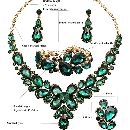 Women's Wedding Bridal Austrian Crystal Glass Teardrop Statement Necklace Dangle Earrings Bracelet Ring Wedding Party Jewelry Set for Bridal Bridesmaid - color: Green-Gold Plated