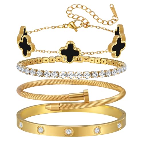 18K Gold Plated Bangle Bracelets Stack for Women,Four Leaf Clover Stackable Bracelets Non Tarnish,4 Pcs Jewelry sets Gifts - color: Black