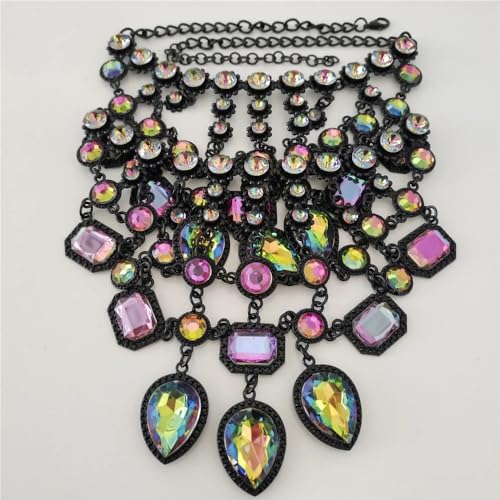 925 Sterling Silver Bib Jewelry Sets For Women - ZA Indian Ethnic Round Water Drop Crystal Tassel Necklace Earrings Jewelry Sets Statement Large, Chunky Rhinestone Necklace - color: Colorful - Bib Necklace